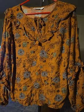 Sonoma Mustard Floral Ruffle Tie-Neck Blouse with Blue Accents